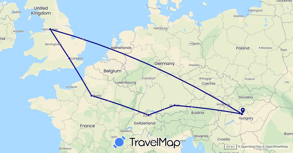 TravelMap itinerary: driving in Switzerland, Germany, France, United Kingdom, Hungary (Europe)